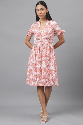 floral v-neck polyester women's dress - rust