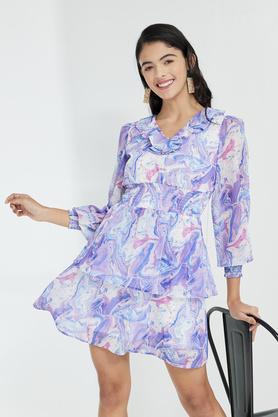 floral v neck polyester women's knee length dress - lilac