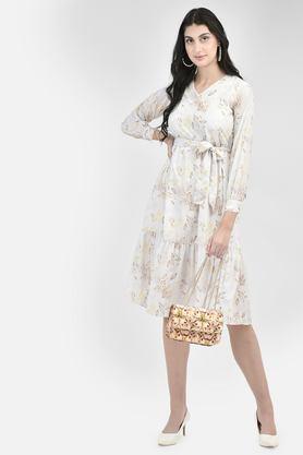 floral v-neck polyester women's knee length dress - off white