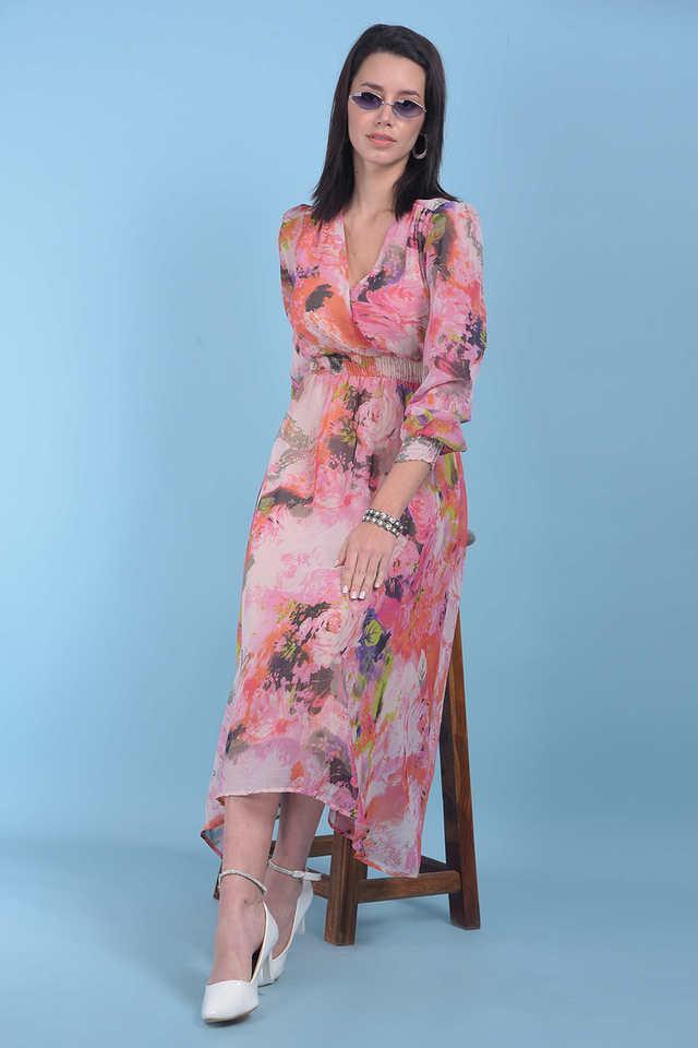 floral v-neck polyester womens calf length dress