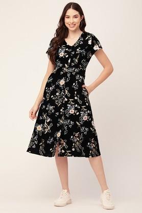 floral v-neck rayon women's dress - black