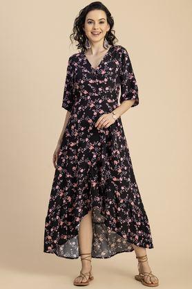 floral v-neck rayon women's knee length dress - black