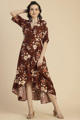 floral v-neck rayon women's knee length dress - brown