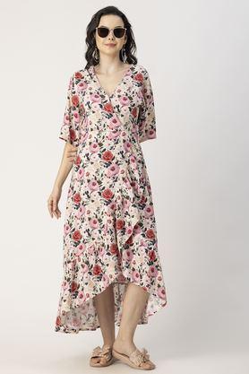 floral v-neck rayon women's knee length dress - off white