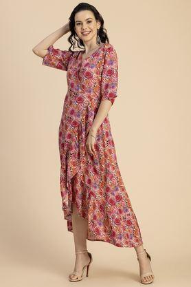 floral v-neck rayon women's knee length dress - pink