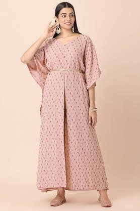 floral v neck regular fit women's kurta - peach