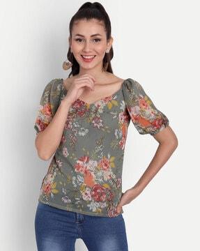 floral v-neck top with puffed sleeves