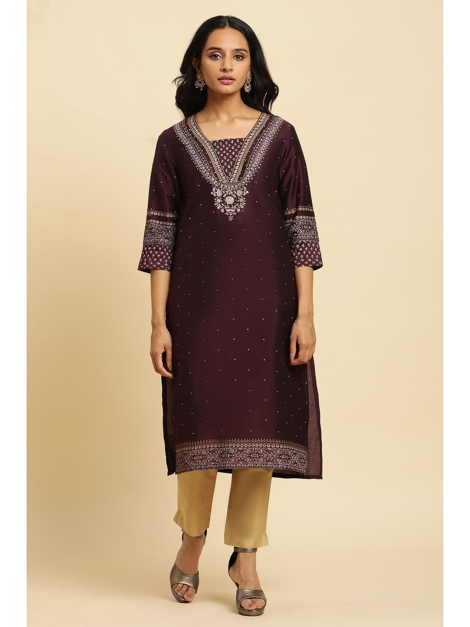 floral v-neck viscose wine kurta