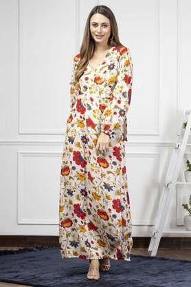 floral v neck viscose women's maxi dress - white