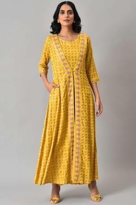 floral viscose 3/4 sleeves women's ankle length jumpsuit - yellow