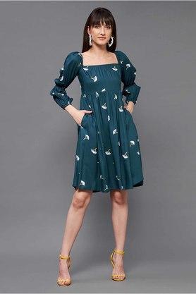 floral viscose blend square neck womens mini dress - green mix