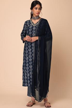 floral viscose blend v neck women's kurta palazzo set - blue