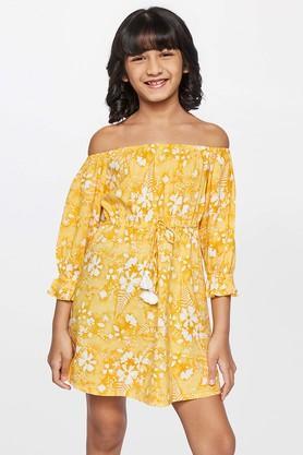 floral viscose boat neck girl's fusion wear dress - yellow