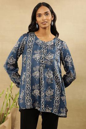 floral viscose boat neck women's top - dark blue