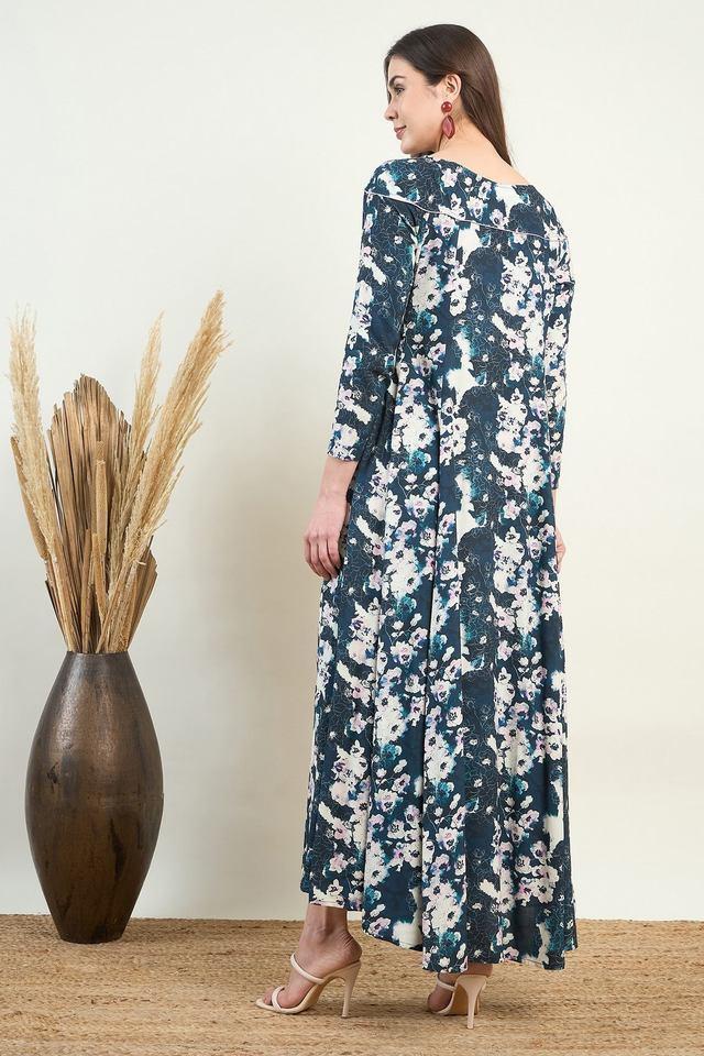 floral viscose boat neck womens maxi dress