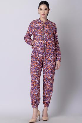 floral viscose bomber jacket and jogger pants co-ord set - purple