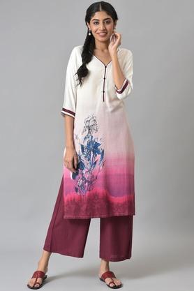 floral viscose mandarin women's kurta palazzo set - maroon