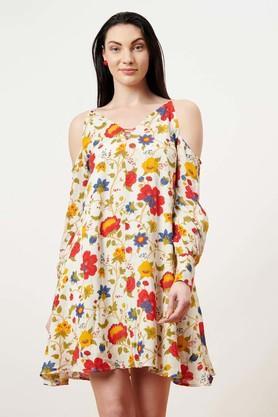 floral viscose off shoulder women's mini dress - off white