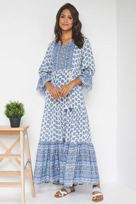 floral viscose relaxed fit women's ethnic dress - blue