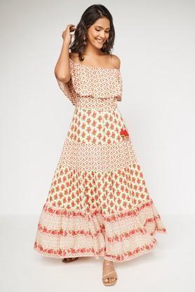 floral viscose relaxed fit women's ethnic dress - off white