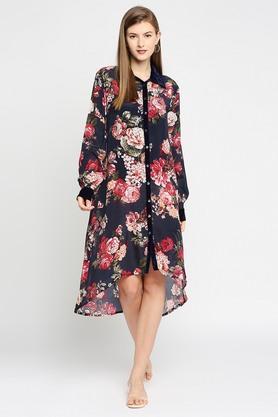 floral viscose relaxed fit womens knee length dress - navy