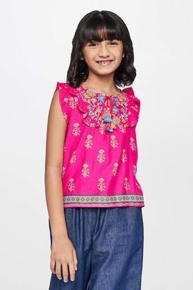 floral viscose round neck girl's tops - pink