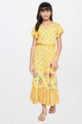 floral viscose round neck girls jumpsuits - yellow
