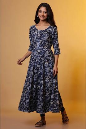 floral viscose round neck women's casual wear kurta - blue