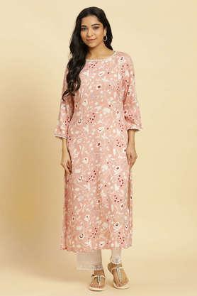 floral viscose round neck women's casual wear kurta - peach