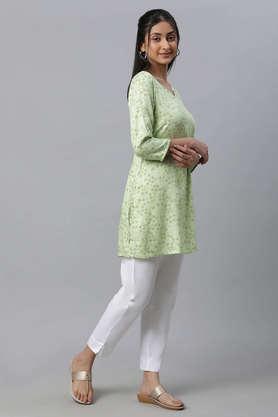 floral viscose round neck women's casual wear summer kurti - green