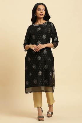 floral viscose round neck women's festive wear kurta - black