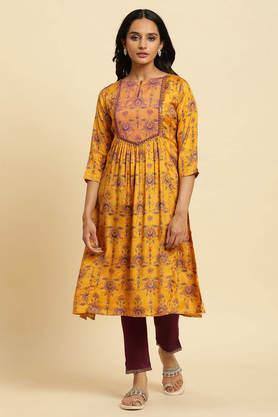 floral viscose round neck women's festive wear kurta - mustard