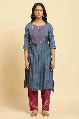 floral viscose round neck women's festive wear kurta - navy