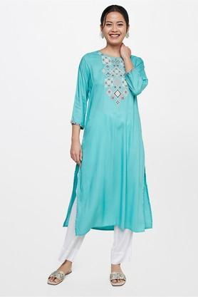 floral viscose round neck women's kurta - aqua