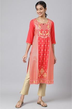 floral viscose round neck women's kurta - red