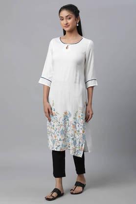 floral viscose round neck women's kurta - white