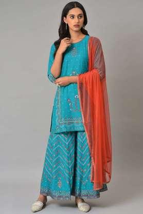 floral viscose round neck women's kurta sharara dupatta set - blue