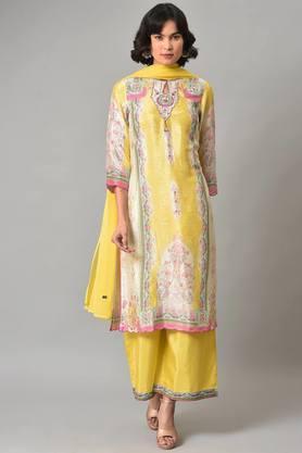 floral viscose round neck women's kurta trouser dupatta set - yellow