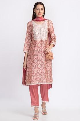floral viscose round neck women's kurta trouser set - pink