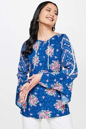 floral viscose round neck women's top - blue