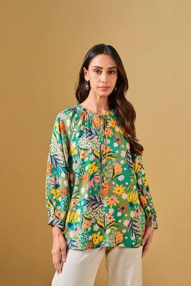 floral viscose round neck women's top - green