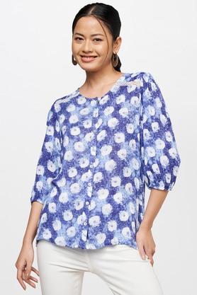 floral viscose round neck women's top - indigo