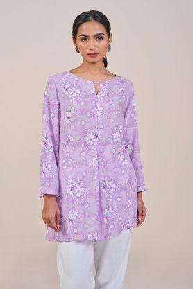 floral viscose round neck women's top - lilac