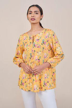 floral viscose round neck women's top - yellow