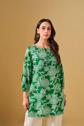 floral viscose round neck women's tunic - green