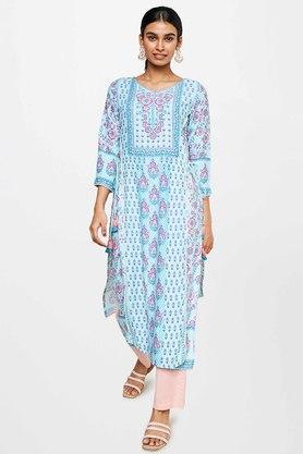 floral viscose round neck womens kurta - aqua