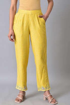 floral viscose slim fit women's pants - yellow