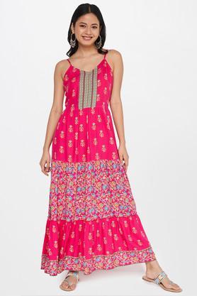floral viscose square neck women's gown - pink