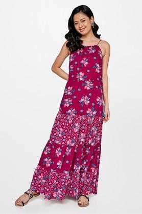 floral viscose square neck women's gown - wine