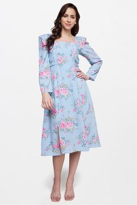 floral viscose square neck women's midi dress - powder blue